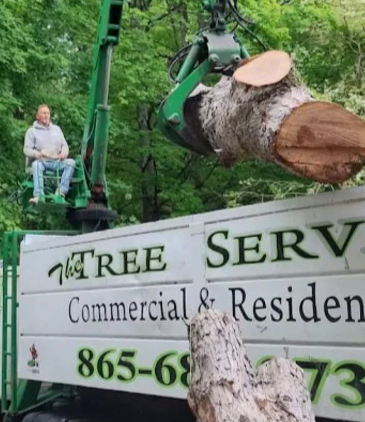 Rodney Gibson operating the knuckleboom crane, lifting a cut trunk section over the Rodney Tree Service truck