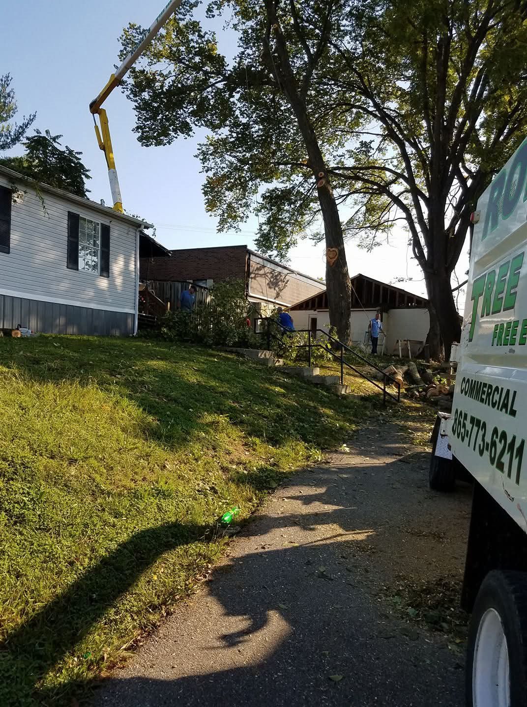 Boom lift working above a house during a residential tree removal